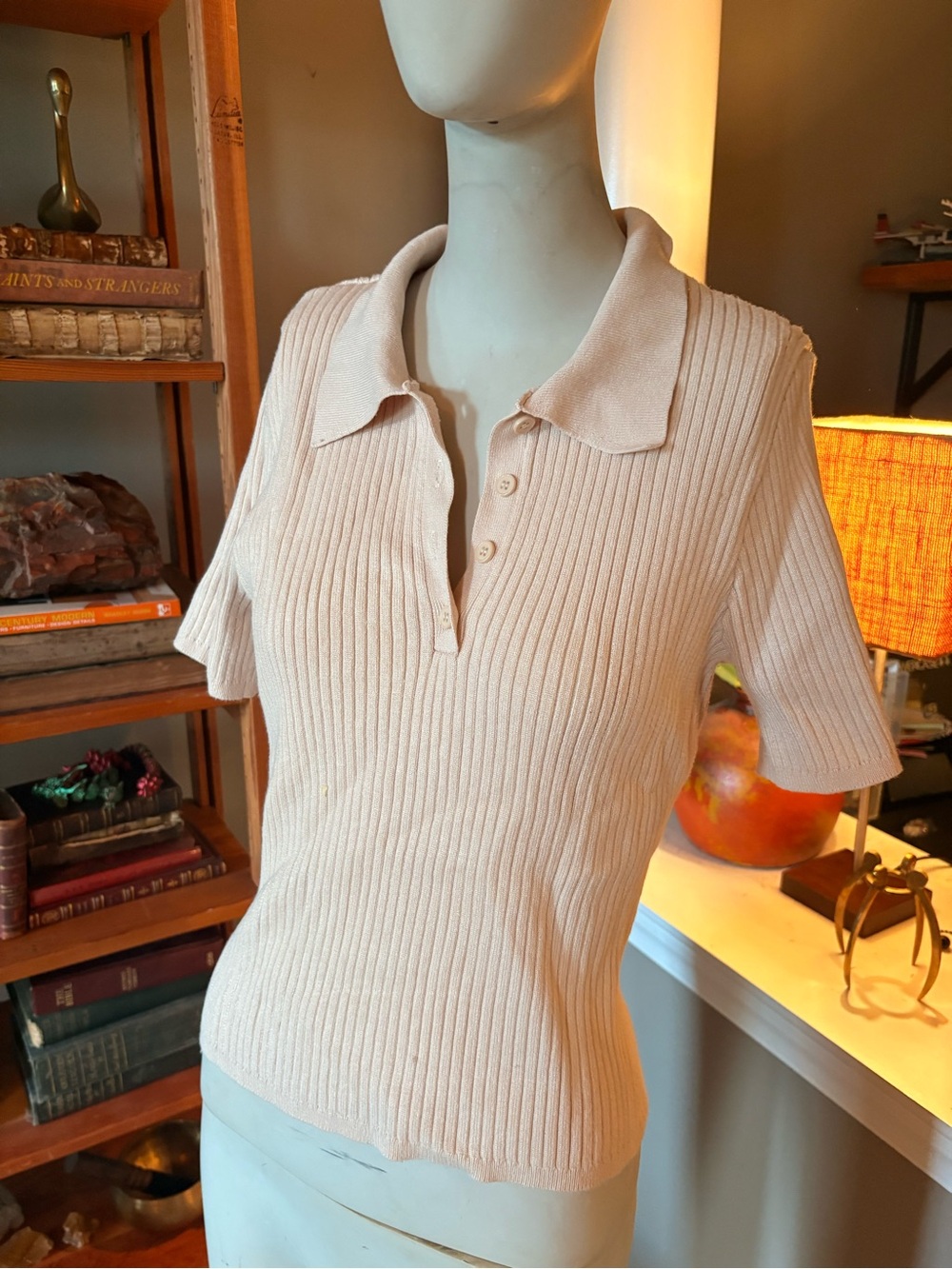 Avec Les Filles Cream Ribbed Polo Knit Top